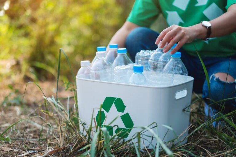 Bin of recycled plastic water bottles.